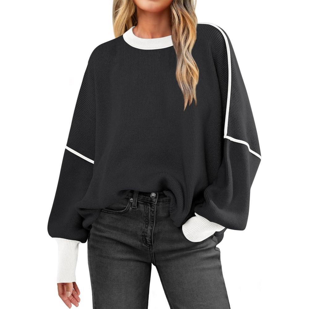 imageANRABESS Womens Oversized Sweaters Fall 2025 Fashion Crewneck Batwing Long Sleeve Side Slit Knit Pullover Sweater TopsBlack