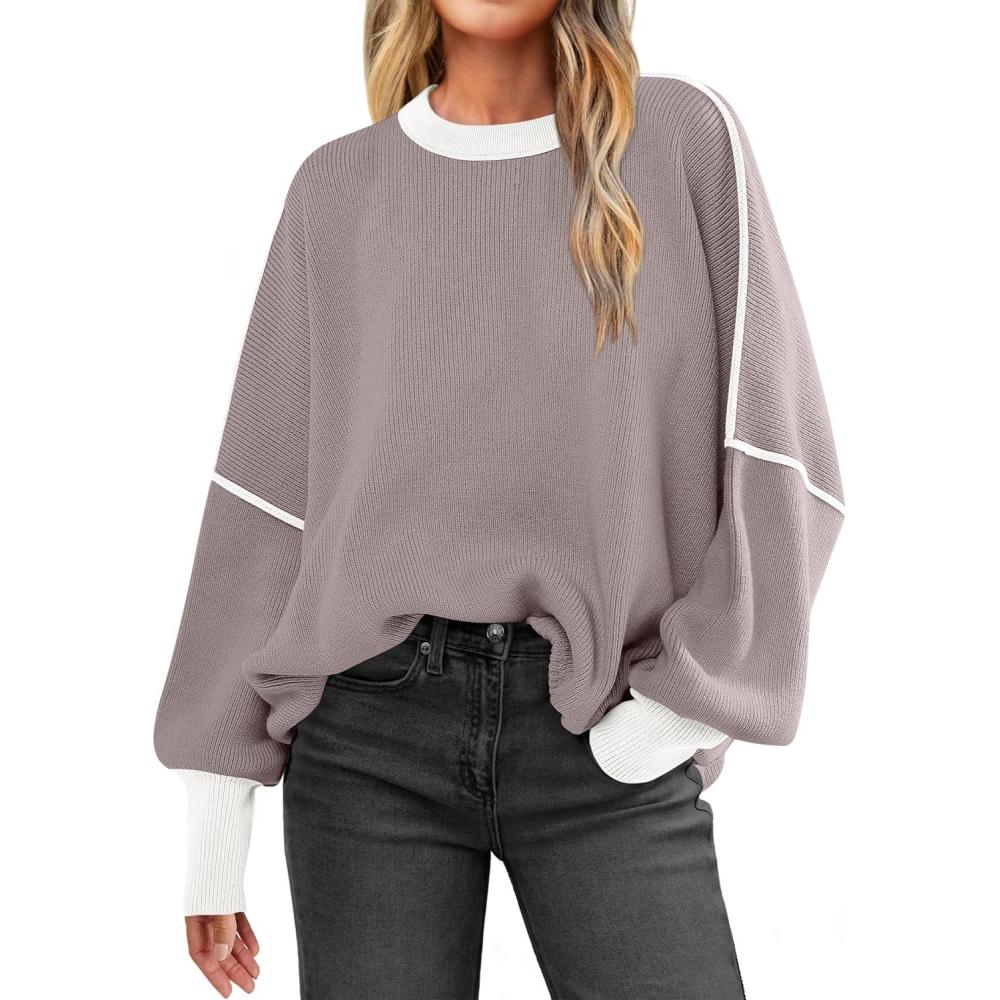 imageANRABESS Womens Oversized Sweaters Fall 2025 Fashion Crewneck Batwing Long Sleeve Side Slit Knit Pullover Sweater TopsPink Apricot