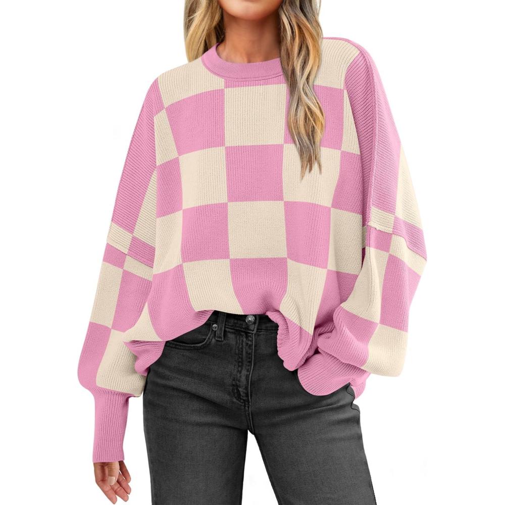 imageANRABESS Womens Oversized Sweaters Fall 2025 Fashion Crewneck Batwing Long Sleeve Side Slit Knit Pullover Sweater TopsPink Plaid