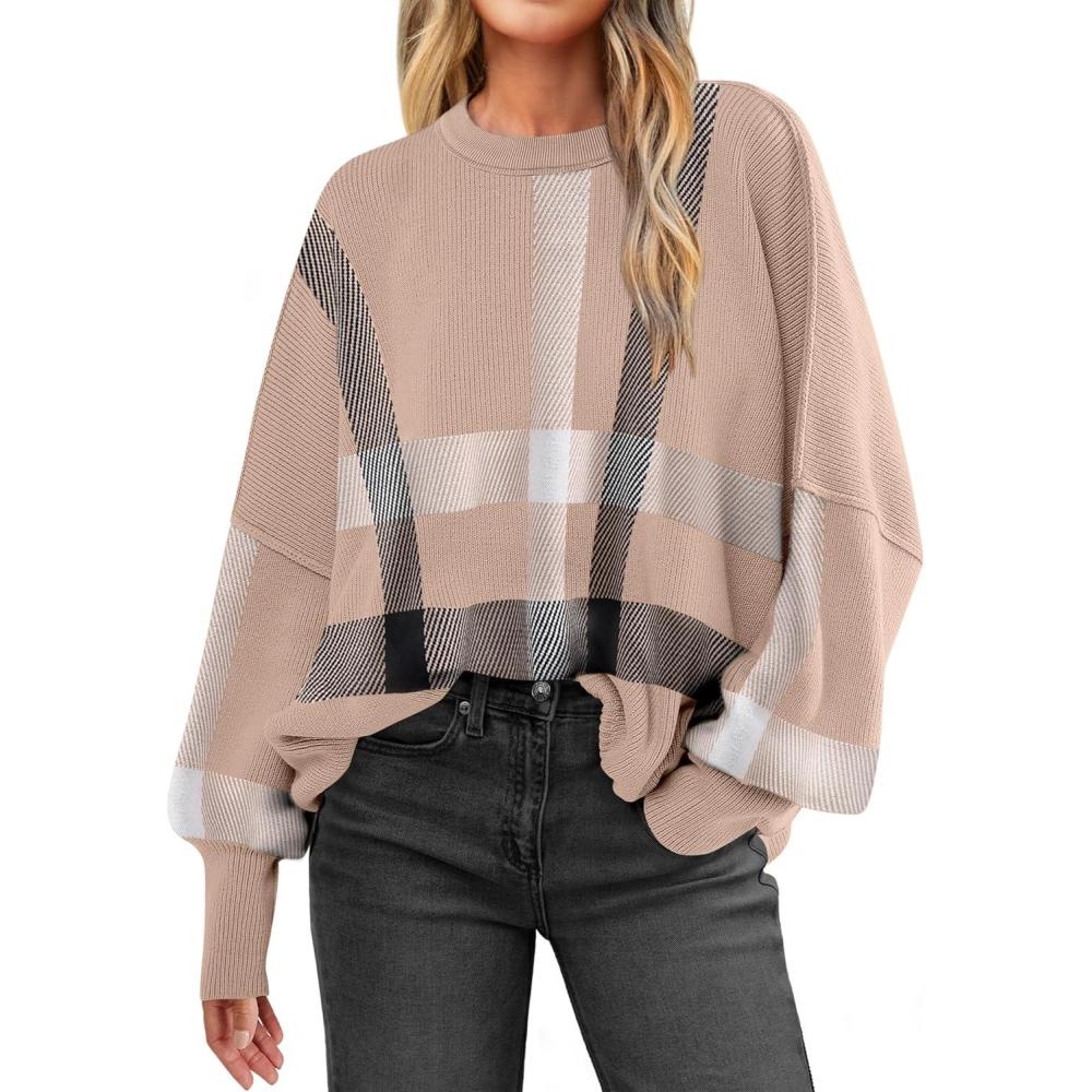 imageANRABESS Womens Oversized Sweaters Fall 2025 Fashion Crewneck Batwing Long Sleeve Side Slit Knit Pullover Sweater TopsPlaid Khaki