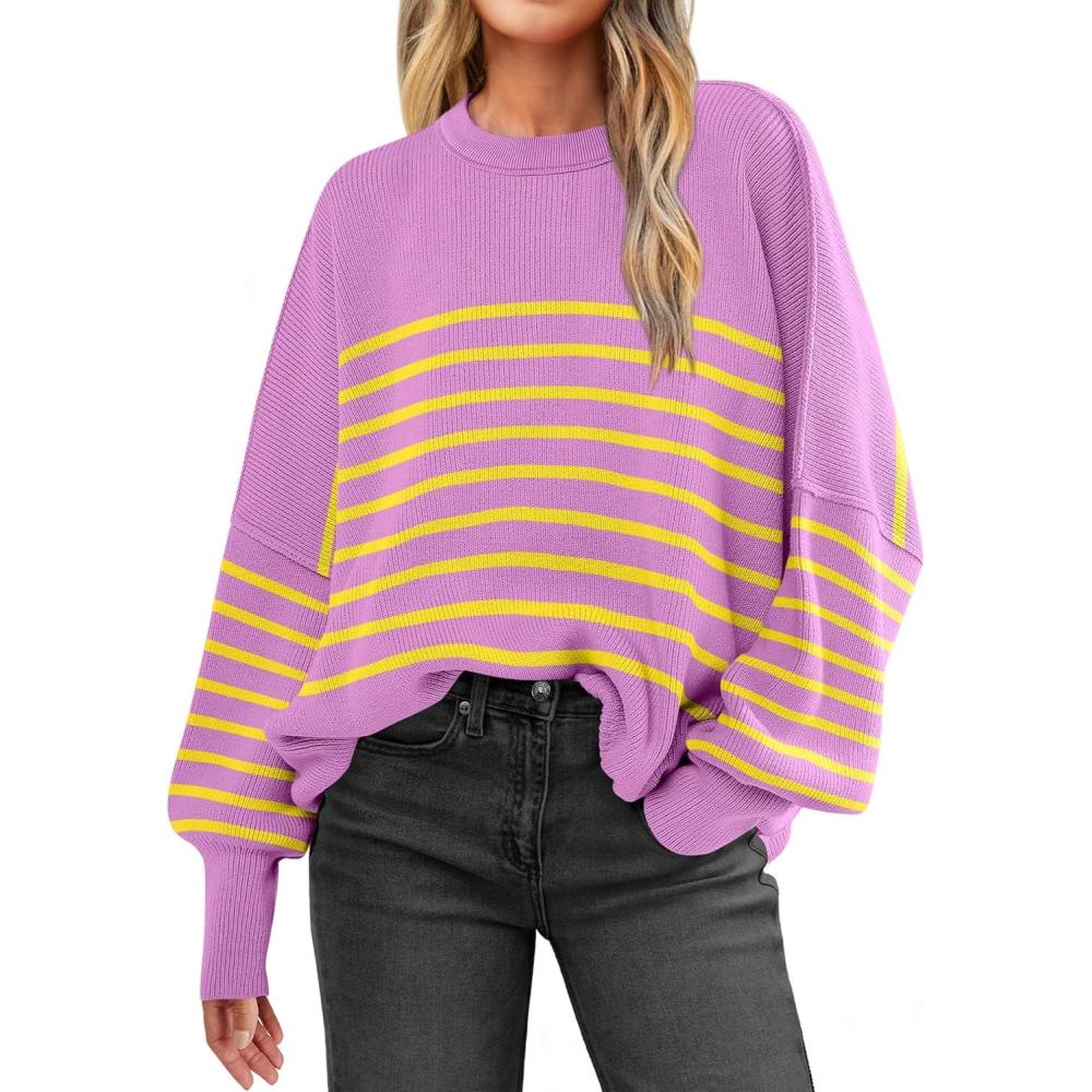 imageANRABESS Womens Oversized Sweaters Fall 2025 Fashion Crewneck Batwing Long Sleeve Side Slit Knit Pullover Sweater TopsPurple
