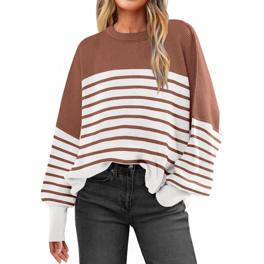 imageANRABESS Womens Oversized Sweaters Fall 2025 Fashion Crewneck Batwing Long Sleeve Side Slit Knit Pullover Sweater TopsStripe Caramel