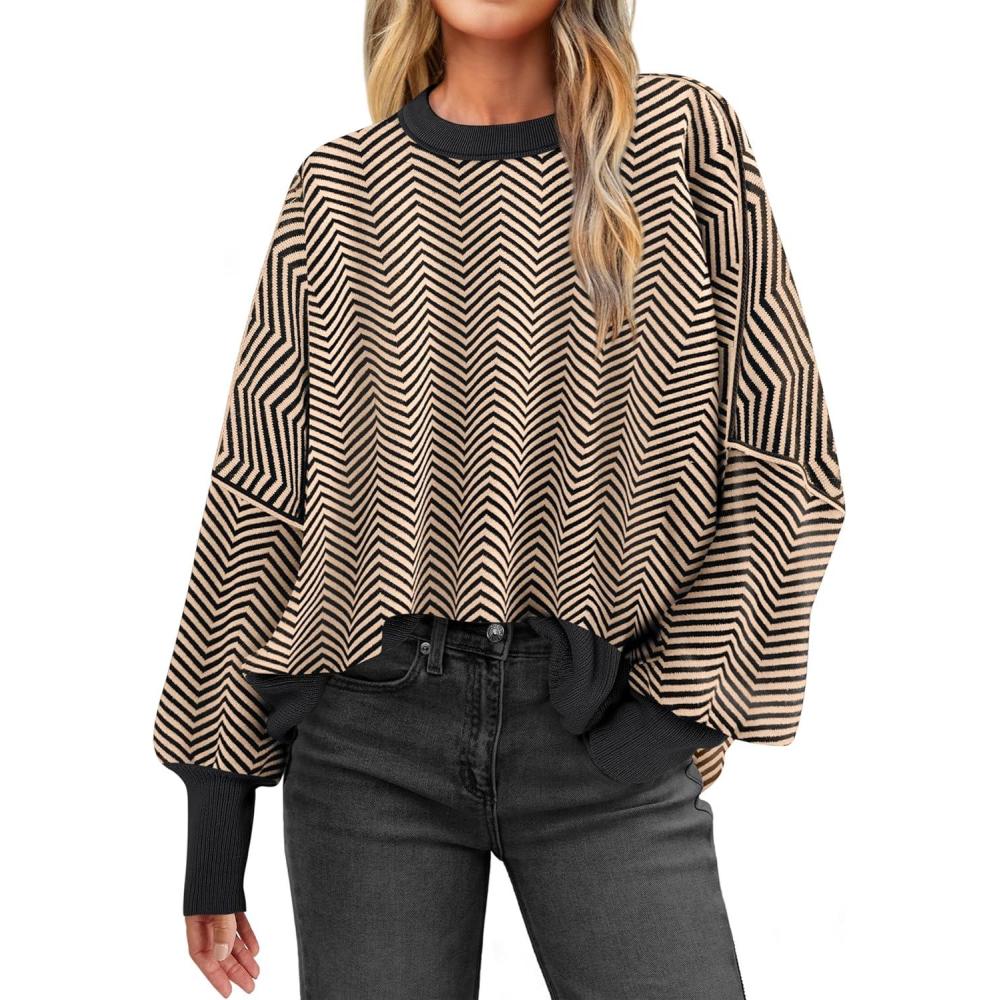 imageANRABESS Womens Oversized Sweaters Fall 2025 Fashion Crewneck Batwing Long Sleeve Side Slit Knit Pullover Sweater TopsWave Brown