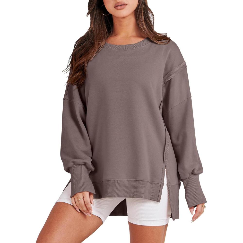 imageANRABESS Womens Oversized Sweatshirts Crew Neck Long Sleeve Shirts Casual Loose Slit 2025 Fall Outfits Y2K Teen Girls ClothesBrown