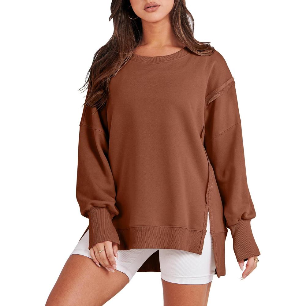 imageANRABESS Womens Oversized Sweatshirts Crew Neck Long Sleeve Shirts Casual Loose Slit 2025 Fall Outfits Y2K Teen Girls ClothesCaramel