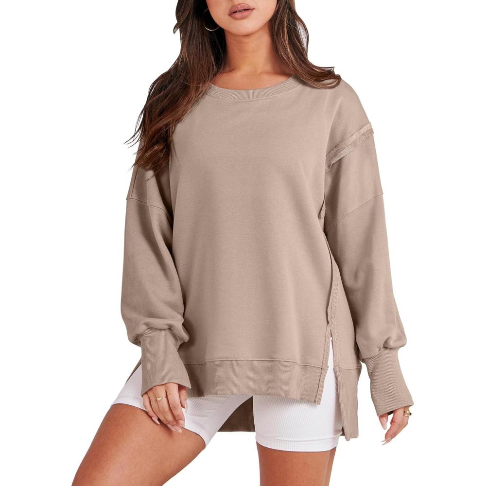 imageANRABESS Womens Oversized Sweatshirts Crew Neck Long Sleeve Shirts Casual Loose Slit 2025 Fall Outfits Y2K Teen Girls ClothesKhaki
