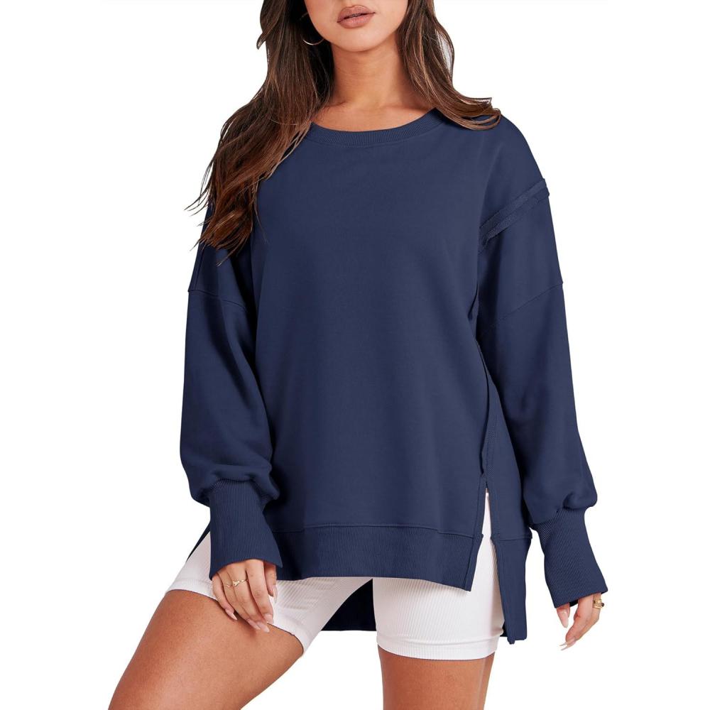 imageANRABESS Womens Oversized Sweatshirts Crew Neck Long Sleeve Shirts Casual Loose Slit 2025 Fall Outfits Y2K Teen Girls ClothesNavy Blue