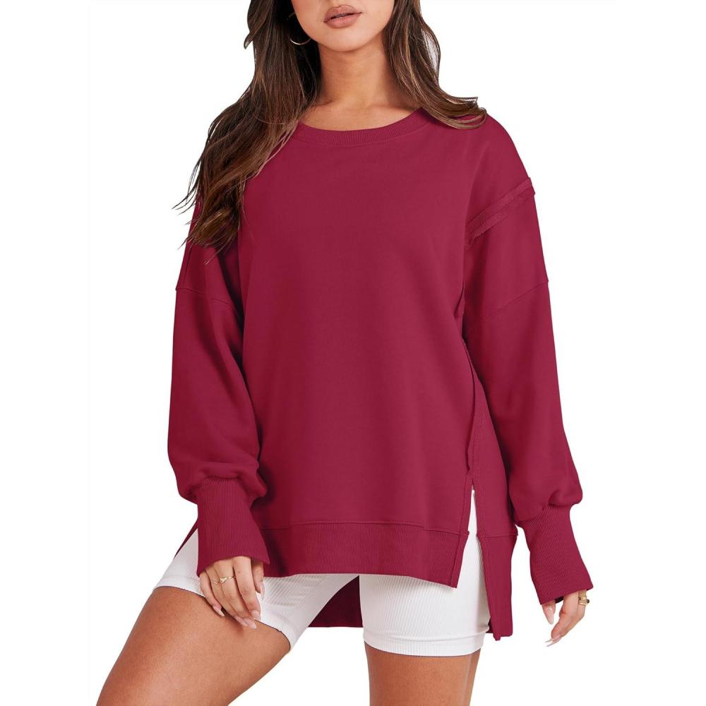 imageANRABESS Womens Oversized Sweatshirts Crew Neck Long Sleeve Shirts Casual Loose Slit 2025 Fall Outfits Y2K Teen Girls ClothesRed