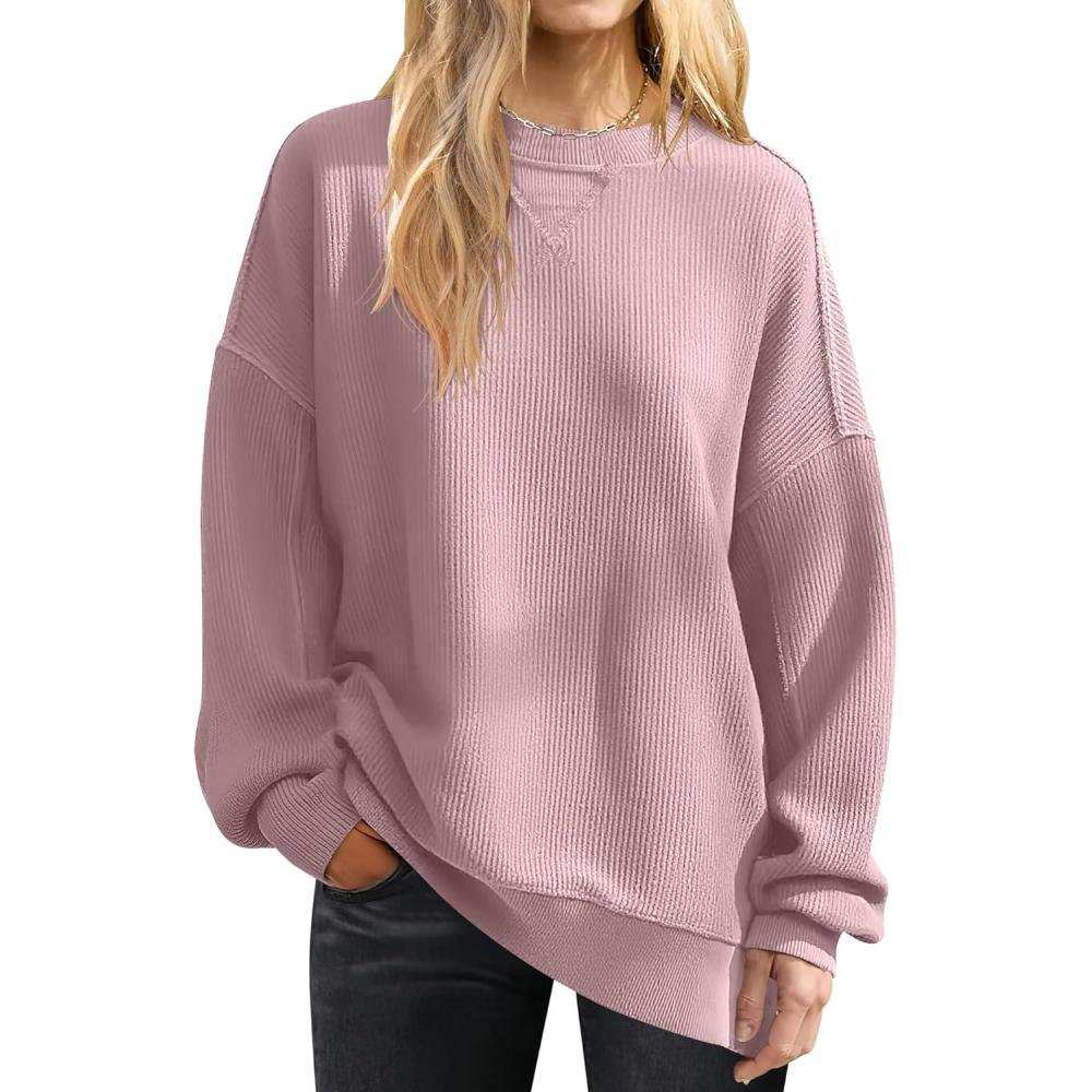 imageANRABESS Womens Oversized Sweatshirts Crewneck Corduroy Side Slit Pullover Sweaters 2025 Fall Long Sleeve Tunic Tops OutfitsPink