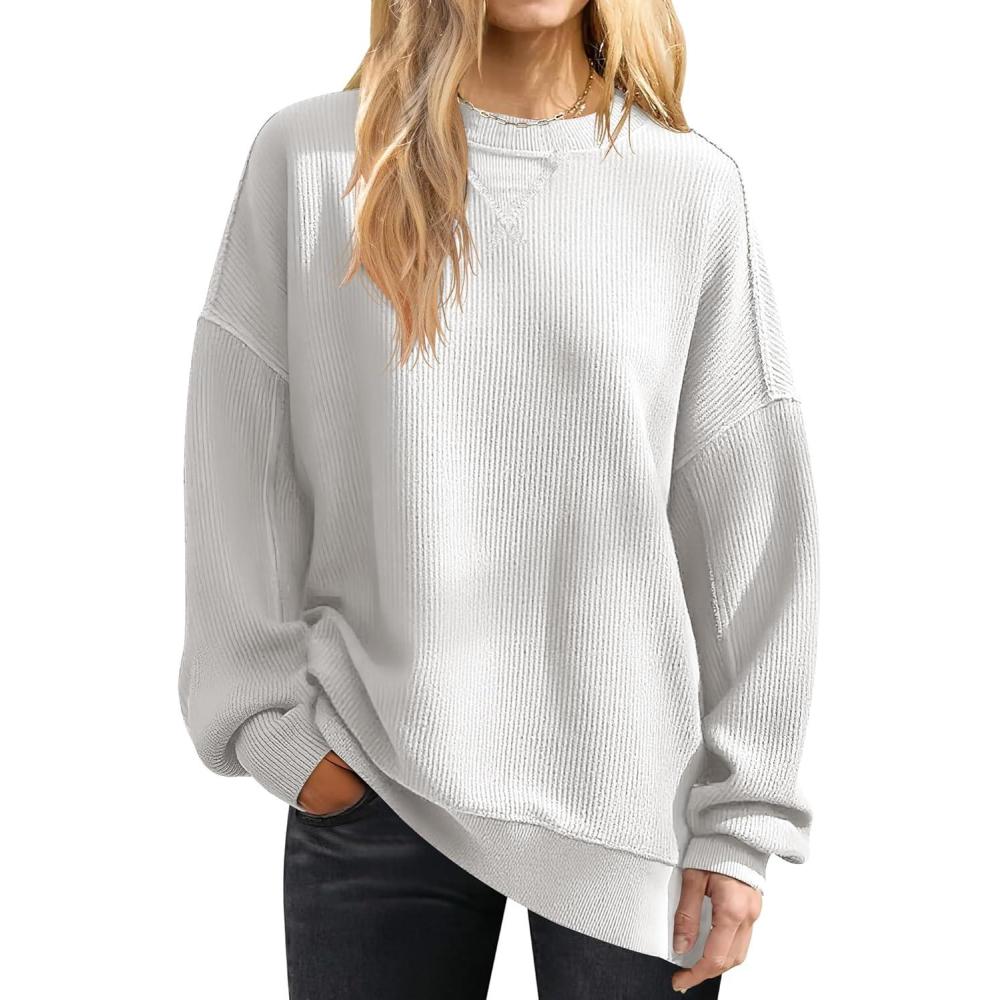imageANRABESS Womens Oversized Sweatshirts Crewneck Corduroy Side Slit Pullover Sweaters 2025 Fall Long Sleeve Tunic Tops OutfitsWhite