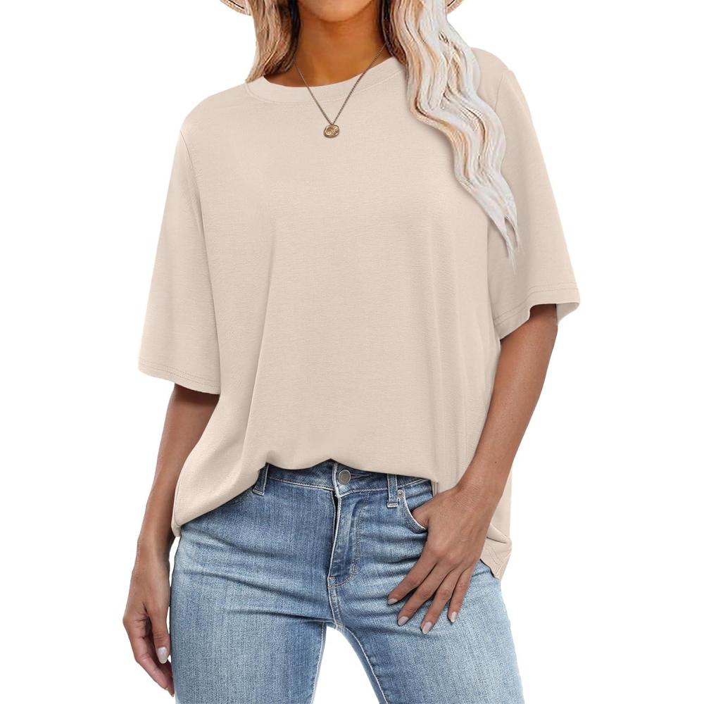 imageANRABESS Womens Oversized T Shirts Short Sleeve Crewneck Tops Casual Loose Basic Tee Shirts 2025 Summer Trendy OutfitsAlmond