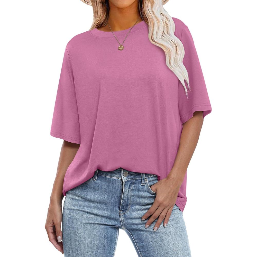 imageANRABESS Womens Oversized T Shirts Short Sleeve Crewneck Tops Casual Loose Basic Tee Shirts 2025 Summer Trendy OutfitsDark Pink