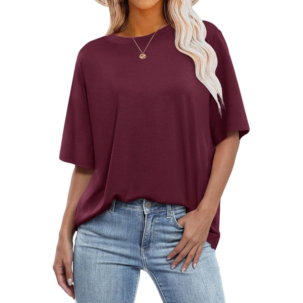 imageANRABESS Womens Oversized T Shirts Short Sleeve Crewneck Tops Casual Loose Basic Tee Shirts 2025 Summer Trendy OutfitsDark Red