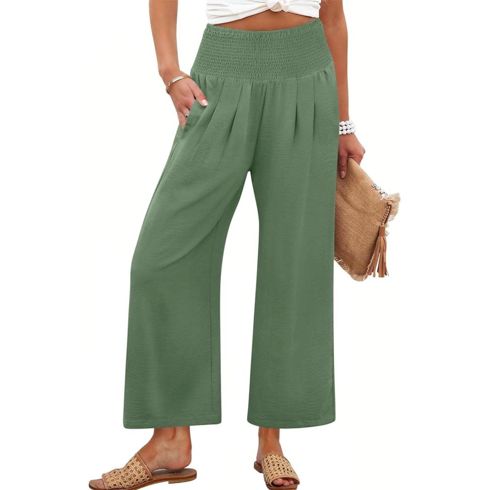 imageANRABESS Womens Pants Wide Leg High Waisted Palazzo Pants Summer Flowy Beach Lounge Casual Trousers with PocketsArmy Green
