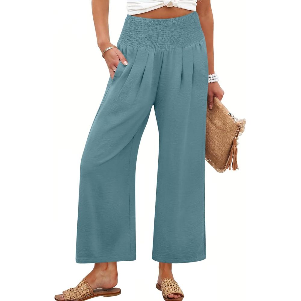 imageANRABESS Womens Pants Wide Leg High Waisted Palazzo Pants Summer Flowy Beach Lounge Casual Trousers with PocketsLake