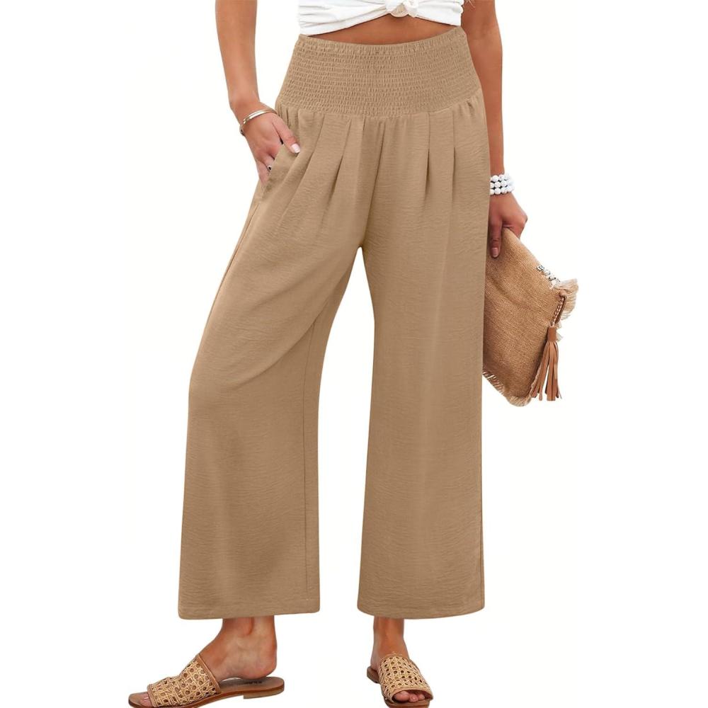 imageANRABESS Womens Pants Wide Leg High Waisted Palazzo Pants Summer Flowy Beach Lounge Casual Trousers with PocketsLight Brown Khaki