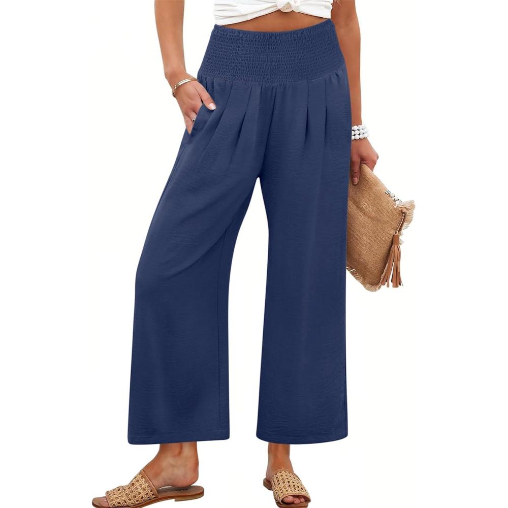 imageANRABESS Womens Pants Wide Leg High Waisted Palazzo Pants Summer Flowy Beach Lounge Casual Trousers with PocketsNavy Blue
