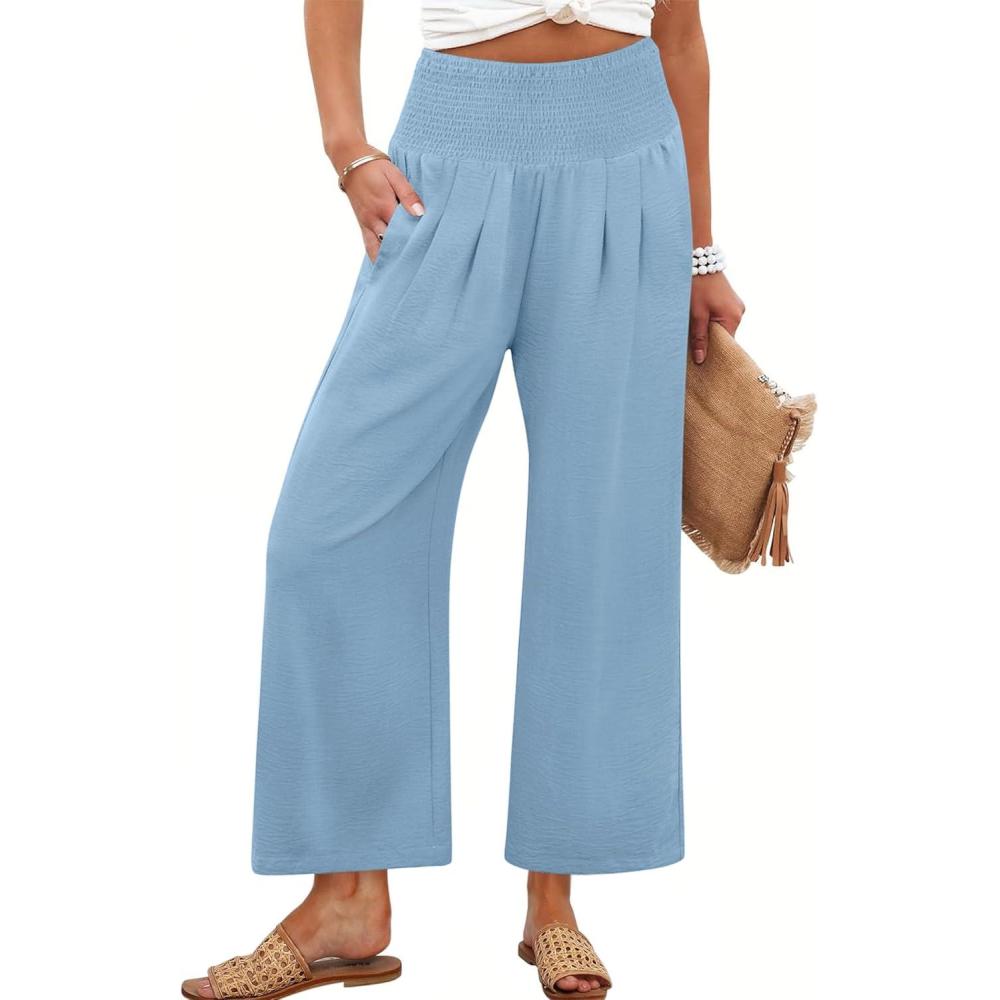 imageANRABESS Womens Pants Wide Leg High Waisted Palazzo Pants Summer Flowy Beach Lounge Casual Trousers with PocketsSky