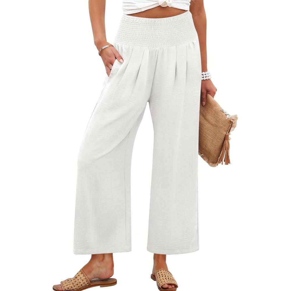 imageANRABESS Womens Pants Wide Leg High Waisted Palazzo Pants Summer Flowy Beach Lounge Casual Trousers with PocketsWhite