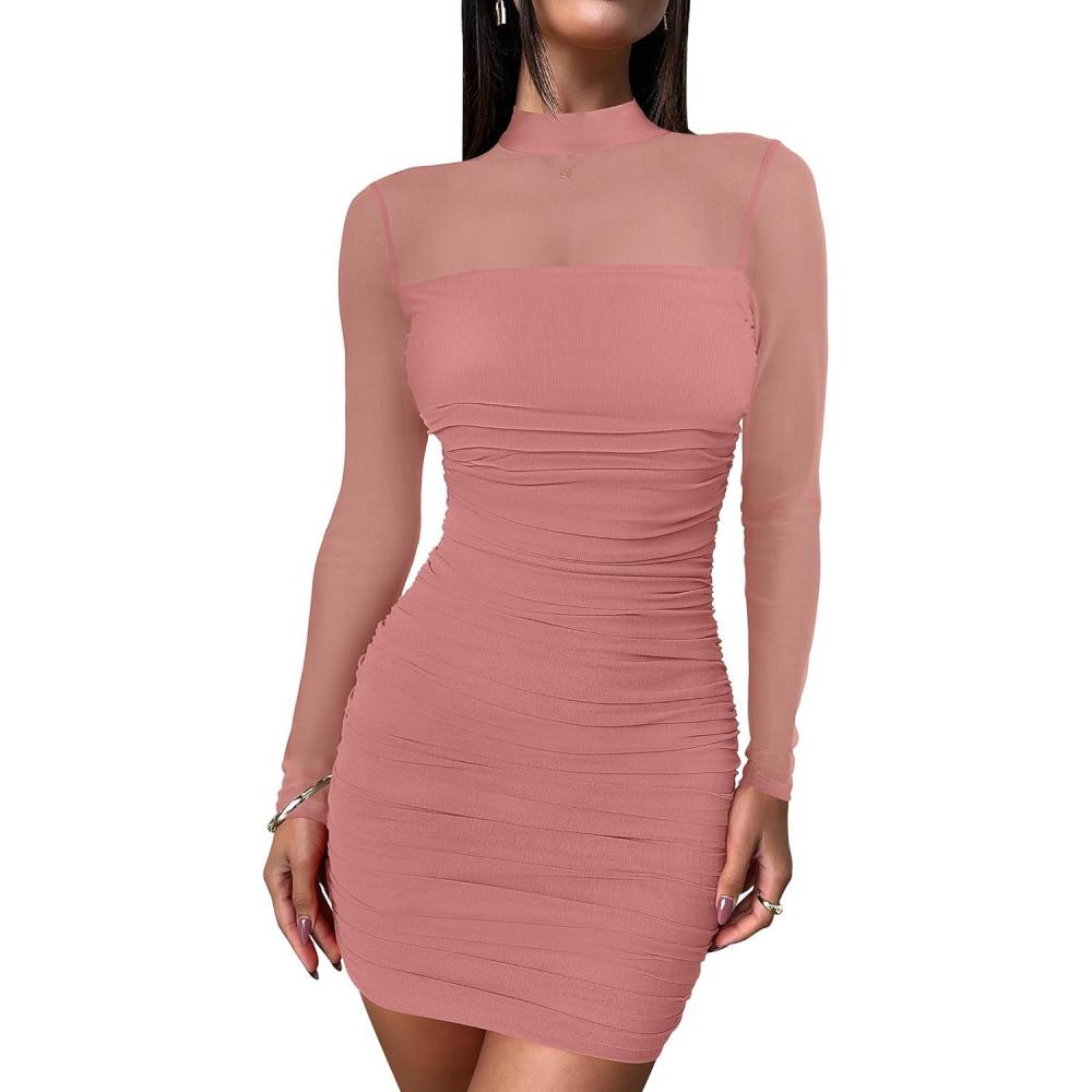imageANRABESS Womens Sexy Bodycon Mesh Ruched Mini Dresses Mock Neck Slim Fall Long Sleeve Cocktail Party Going Out Short DressCoral Pink