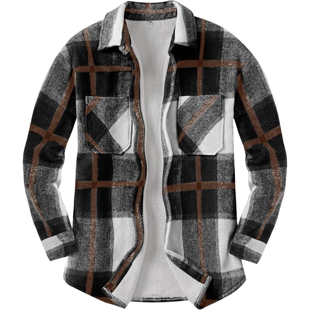 imageANRABESS Womens Sherpa Fleece Lined Flannel Plaid Shirt Jackets Fuzzy Warm Button Down Shacket with Pockets 2025 Fall OutfitsBlack Brown Plaid