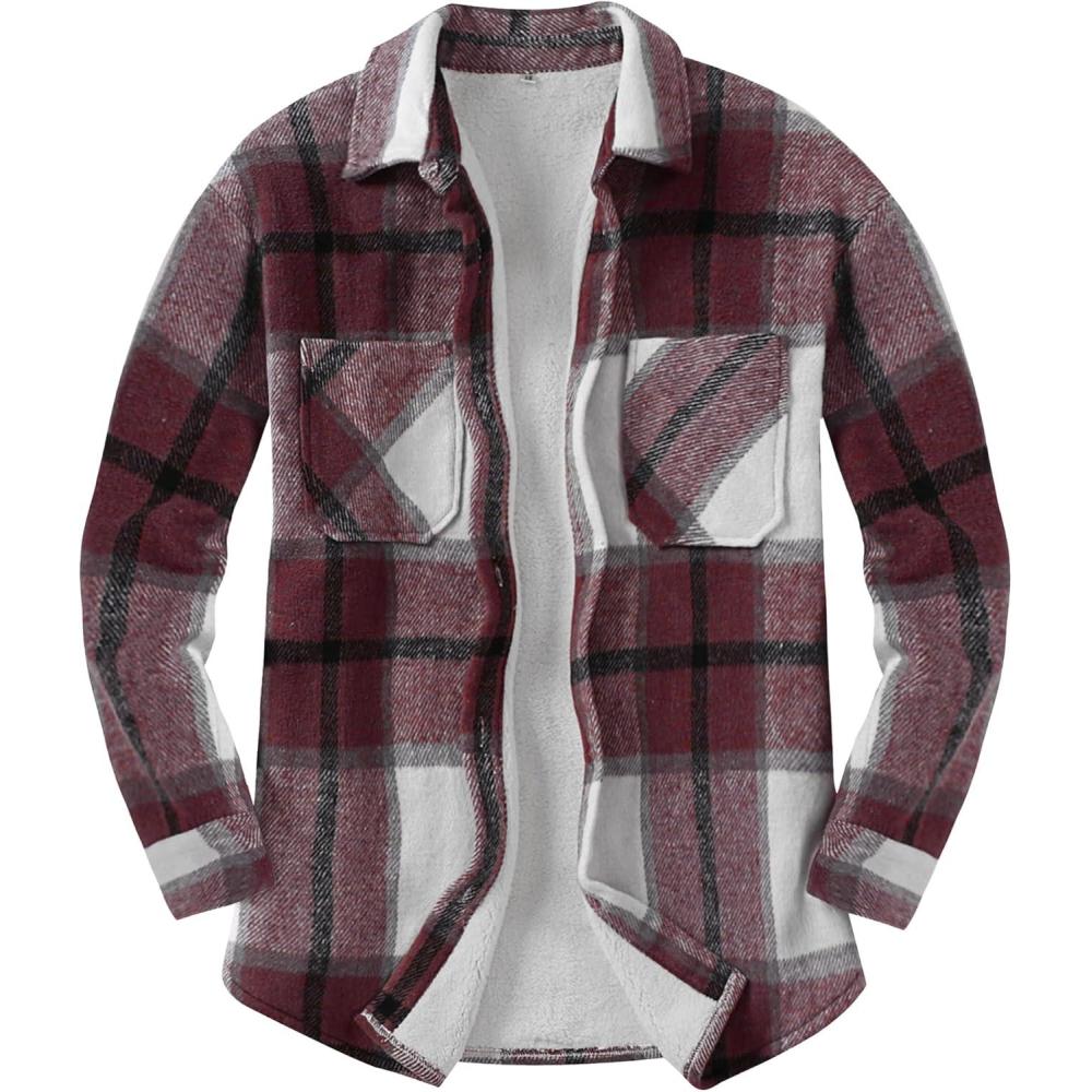 imageANRABESS Womens Sherpa Fleece Lined Flannel Plaid Shirt Jackets Fuzzy Warm Button Down Shacket with Pockets 2025 Fall OutfitsBurgundy Plaid