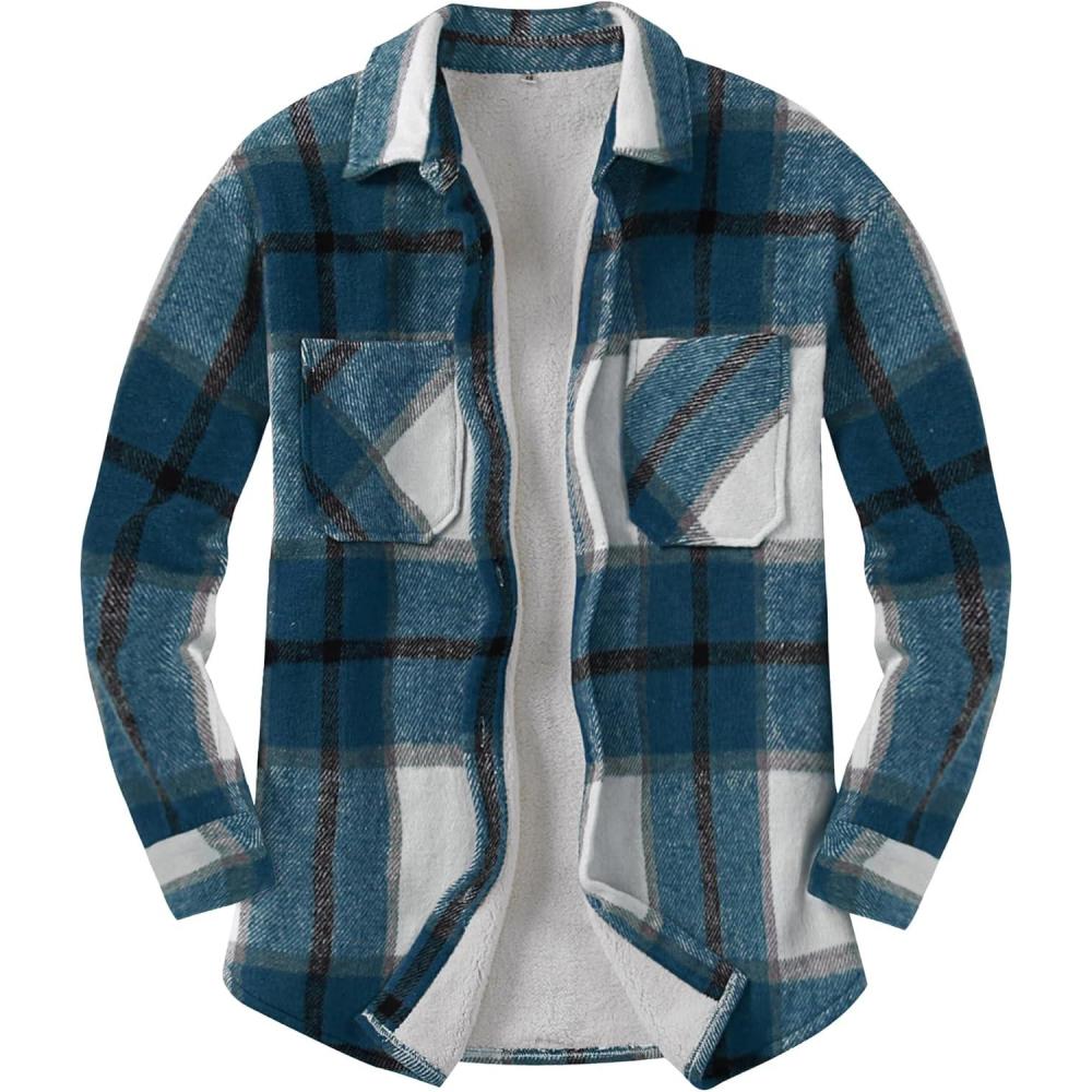 imageANRABESS Womens Sherpa Fleece Lined Flannel Plaid Shirt Jackets Fuzzy Warm Button Down Shacket with Pockets 2025 Fall OutfitsDark Blue Plaid