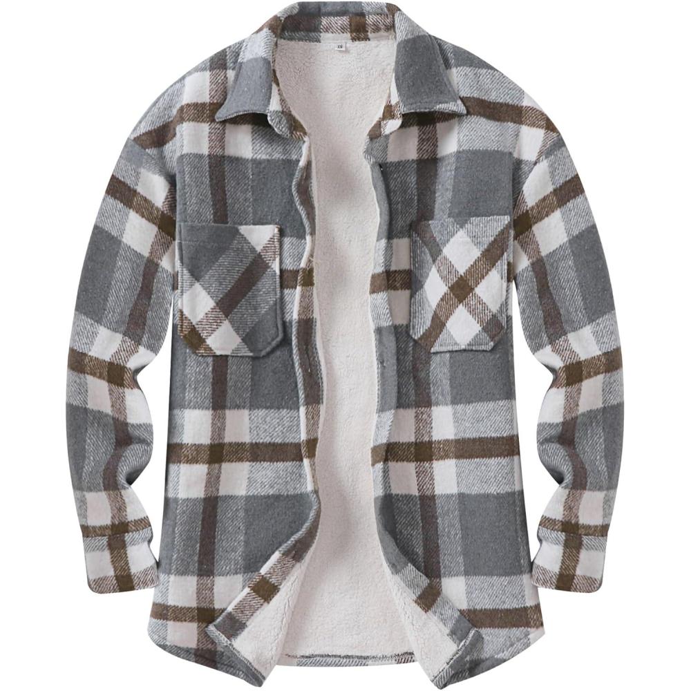 imageANRABESS Womens Sherpa Fleece Lined Flannel Plaid Shirt Jackets Fuzzy Warm Button Down Shacket with Pockets 2025 Fall OutfitsGrey Khaki Plaid