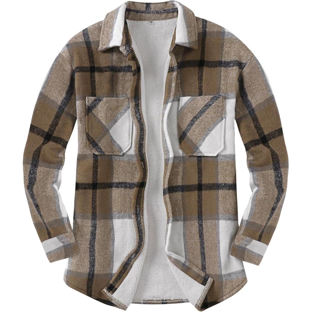 imageANRABESS Womens Sherpa Fleece Lined Flannel Plaid Shirt Jackets Fuzzy Warm Button Down Shacket with Pockets 2025 Fall OutfitsLight Brown Plaid