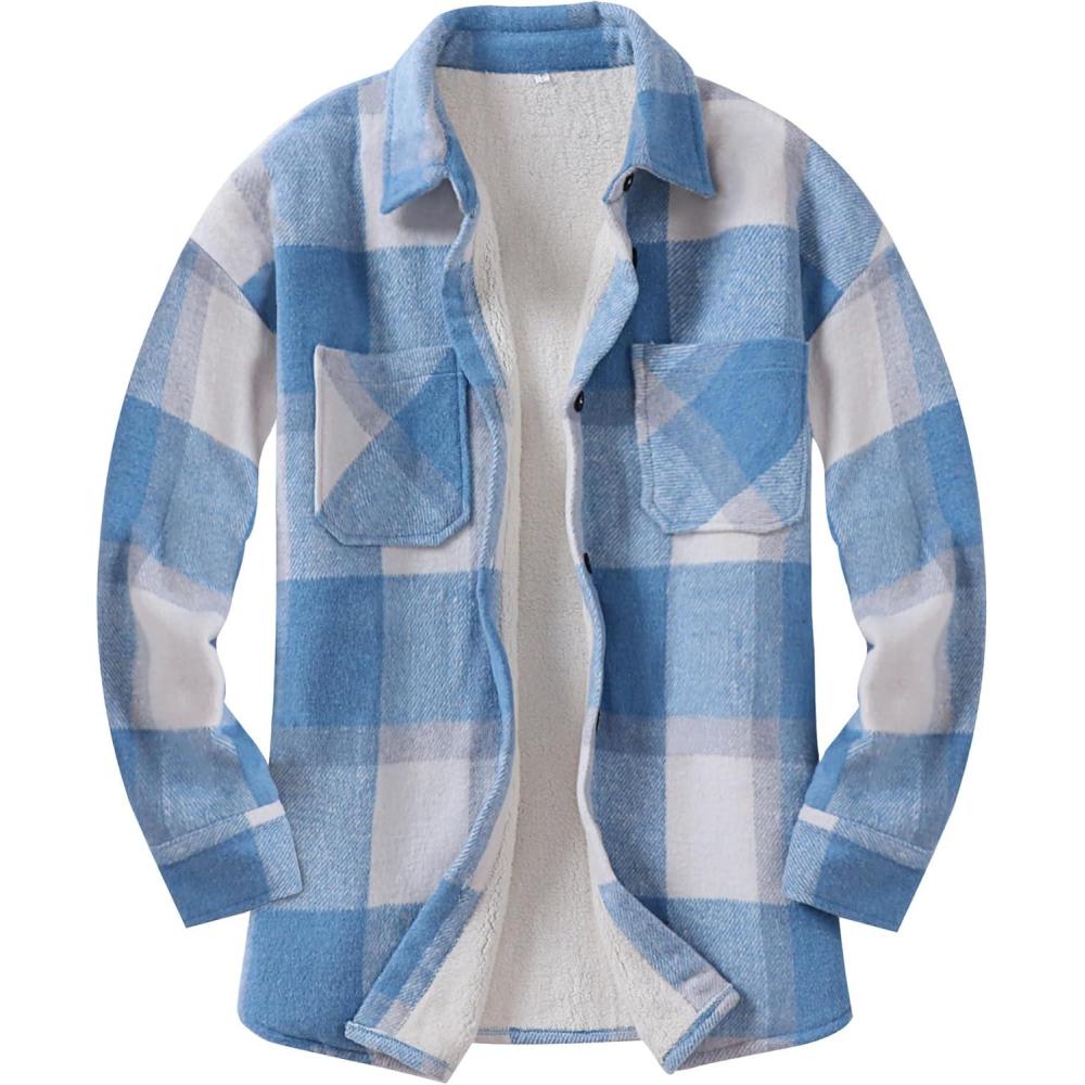 imageANRABESS Womens Sherpa Fleece Lined Flannel Plaid Shirt Jackets Fuzzy Warm Button Down Shacket with Pockets 2025 Fall OutfitsSky Blue Plaid