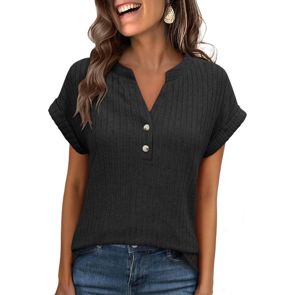 imageANRABESS Womens Short Sleeve Henley Shirts V Neck Summer Sweaters 2026 Spring Business Tunic Tops Dressy Casual Work BlousesBlack