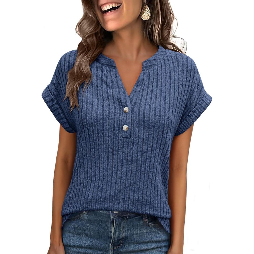 imageANRABESS Womens Short Sleeve Henley Shirts V Neck Summer Sweaters 2026 Spring Business Tunic Tops Dressy Casual Work BlousesDark Blue