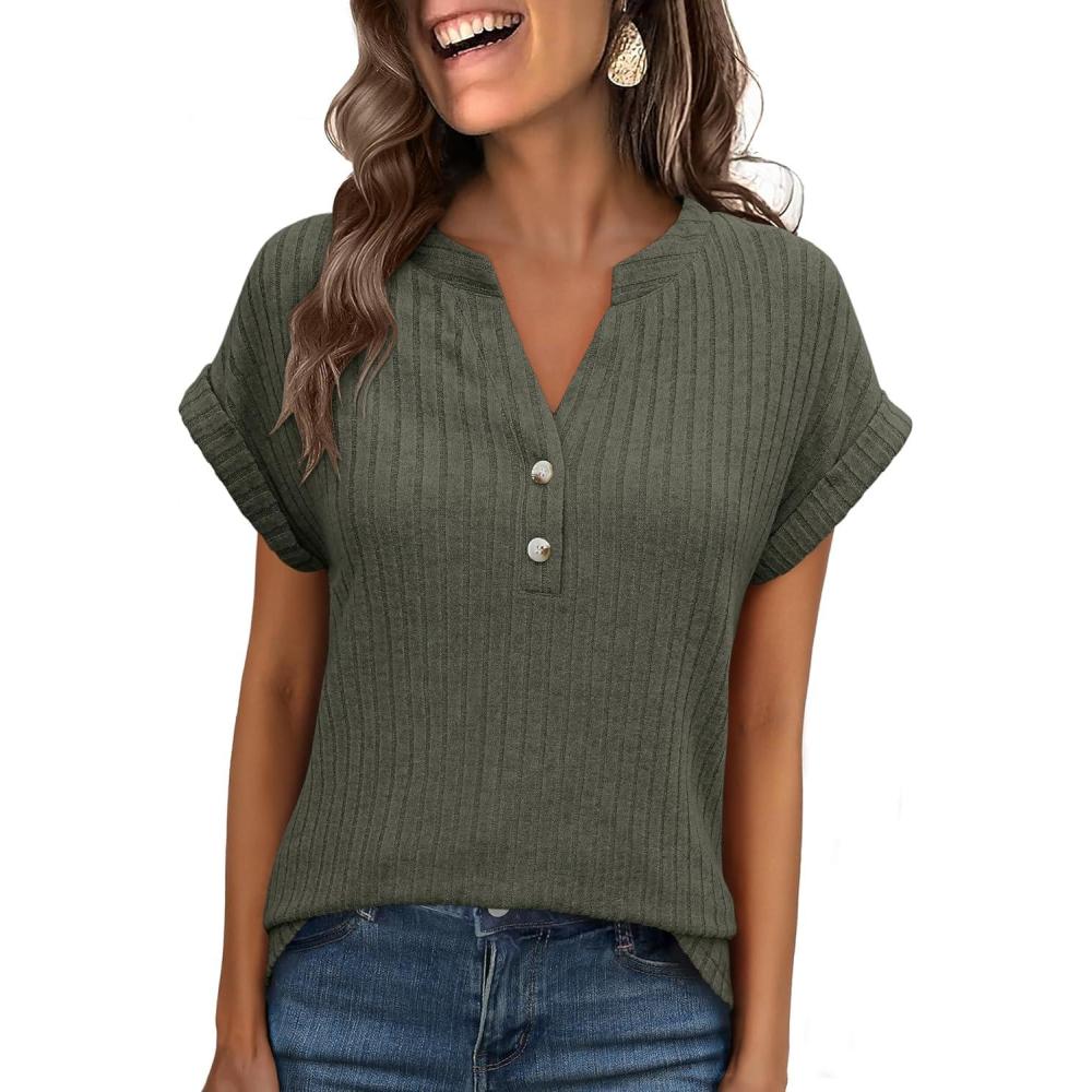 imageANRABESS Womens Short Sleeve Henley Shirts V Neck Summer Sweaters 2026 Spring Business Tunic Tops Dressy Casual Work BlousesDeep Green