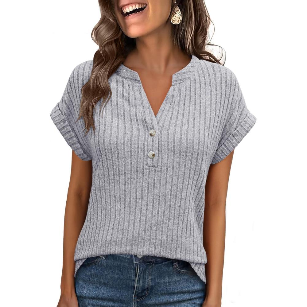 imageANRABESS Womens Short Sleeve Henley Shirts V Neck Summer Sweaters 2026 Spring Business Tunic Tops Dressy Casual Work BlousesGrey