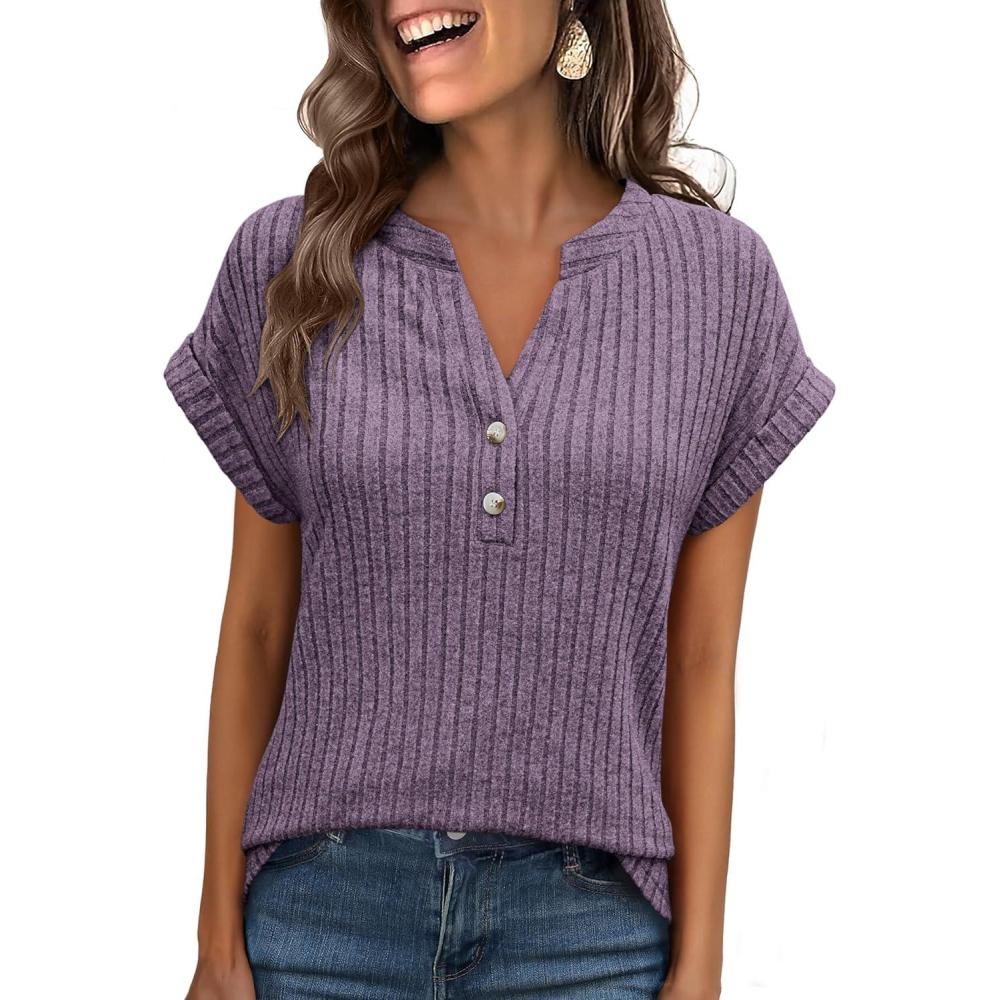 imageANRABESS Womens Short Sleeve Henley Shirts V Neck Summer Sweaters 2026 Spring Business Tunic Tops Dressy Casual Work BlousesPurple