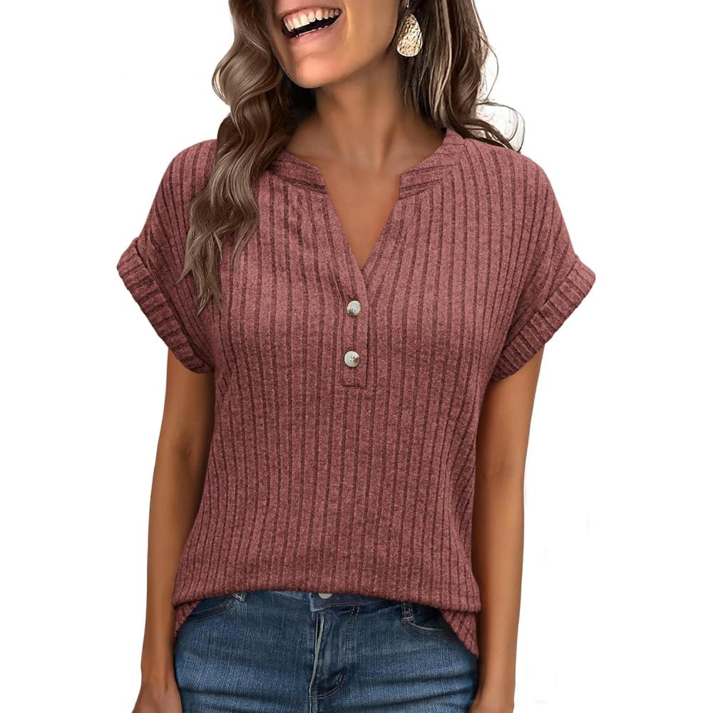 imageANRABESS Womens Short Sleeve Henley Shirts V Neck Summer Sweaters 2026 Spring Business Tunic Tops Dressy Casual Work BlousesRust Orange