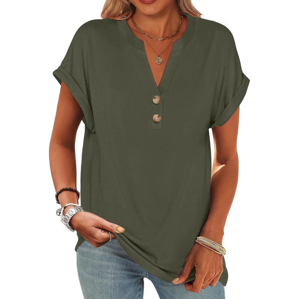 imageANRABESS Womens Short Sleeve Henley Tops V Neck Dressy Casual Blouses Summer Trendy Tee Shirts 2025 Vacation Fashion ClothesArmy Green