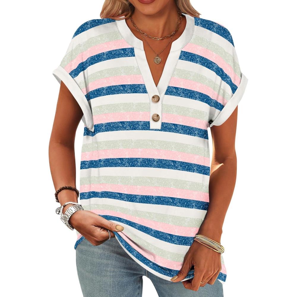 imageANRABESS Womens Short Sleeve Henley Tops V Neck Dressy Casual Blouses Summer Trendy Tee Shirts 2025 Vacation Fashion ClothesBlue Pink Strip