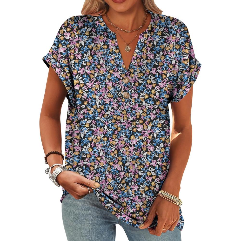 imageANRABESS Womens Short Sleeve Henley Tops V Neck Dressy Casual Blouses Summer Trendy Tee Shirts 2025 Vacation Fashion ClothesBlue Purple Floral