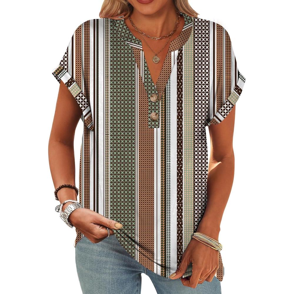 imageANRABESS Womens Short Sleeve Henley Tops V Neck Dressy Casual Blouses Summer Trendy Tee Shirts 2025 Vacation Fashion ClothesBrown White Strip