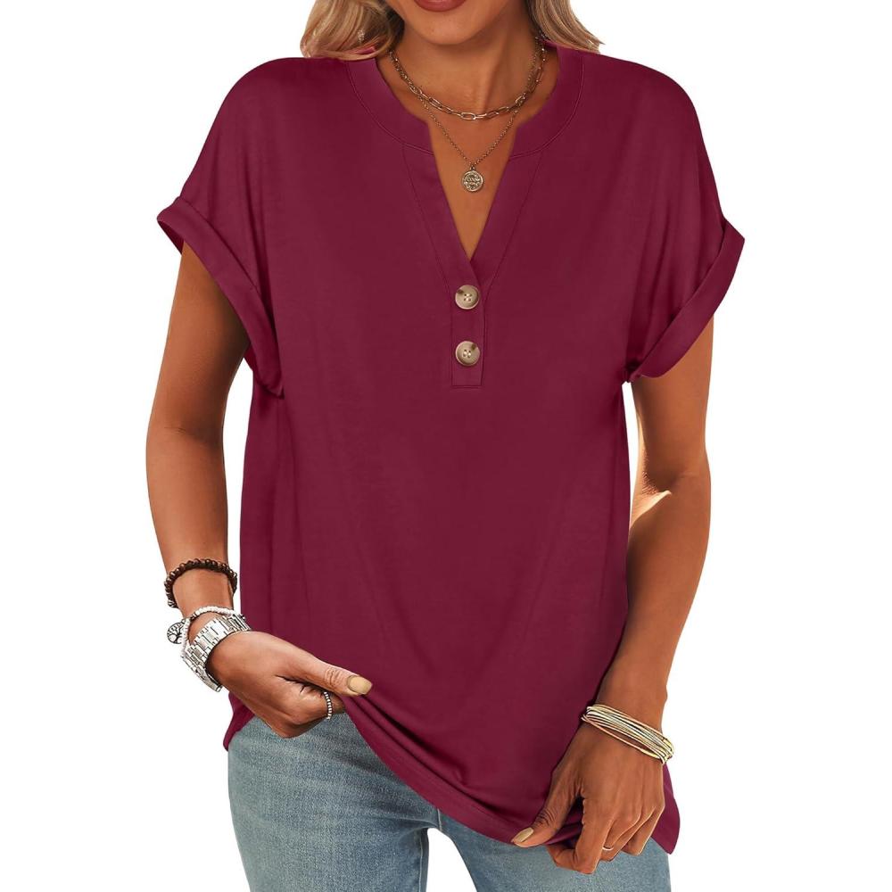 imageANRABESS Womens Short Sleeve Henley Tops V Neck Dressy Casual Blouses Summer Trendy Tee Shirts 2025 Vacation Fashion ClothesBurgundy