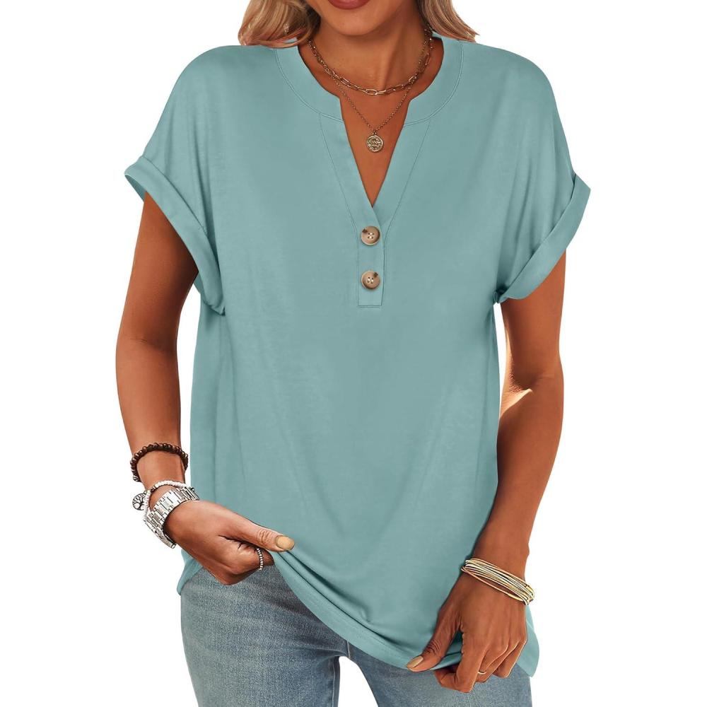 imageANRABESS Womens Short Sleeve Henley Tops V Neck Dressy Casual Blouses Summer Trendy Tee Shirts 2025 Vacation Fashion ClothesCadet Blue