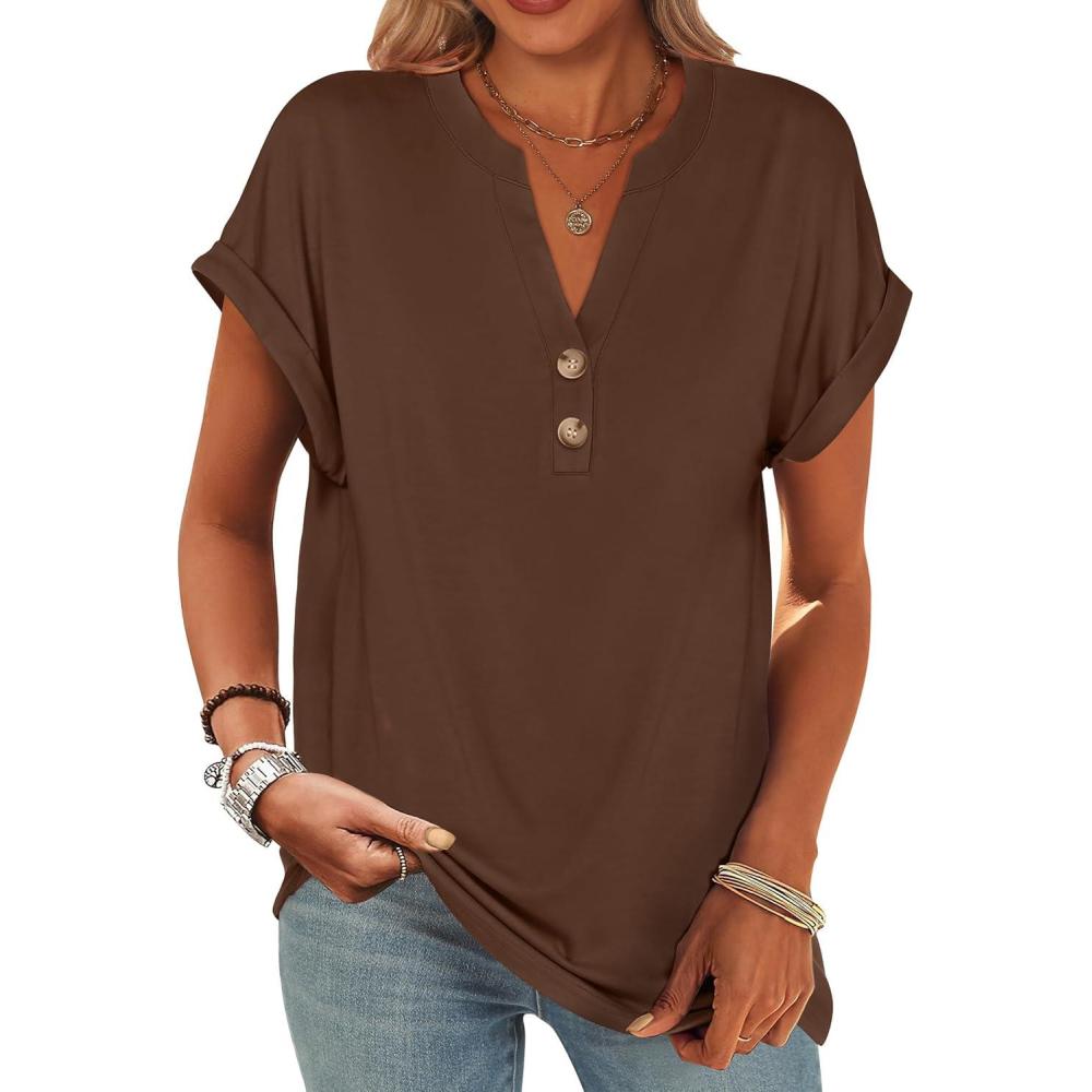 imageANRABESS Womens Short Sleeve Henley Tops V Neck Dressy Casual Blouses Summer Trendy Tee Shirts 2025 Vacation Fashion ClothesCoffee