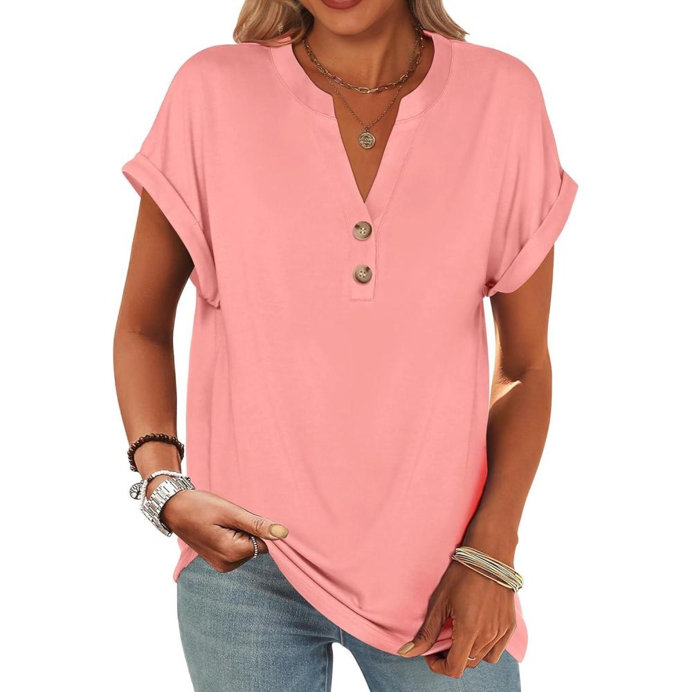 imageANRABESS Womens Short Sleeve Henley Tops V Neck Dressy Casual Blouses Summer Trendy Tee Shirts 2025 Vacation Fashion ClothesCoral
