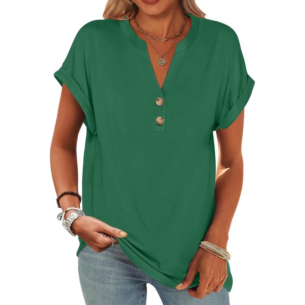 imageANRABESS Womens Short Sleeve Henley Tops V Neck Dressy Casual Blouses Summer Trendy Tee Shirts 2025 Vacation Fashion ClothesGreen