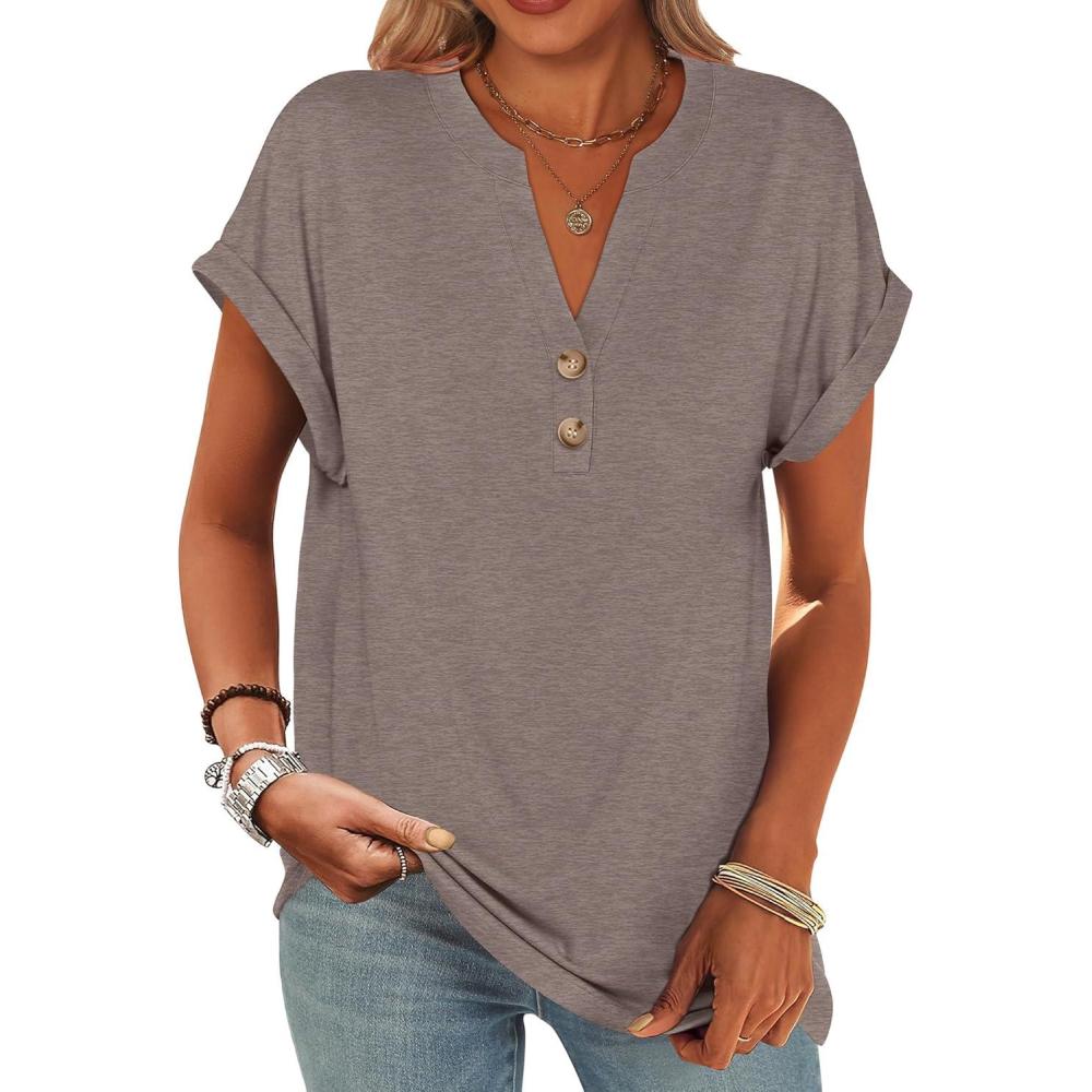 imageANRABESS Womens Short Sleeve Henley Tops V Neck Dressy Casual Blouses Summer Trendy Tee Shirts 2025 Vacation Fashion ClothesGrey Brown