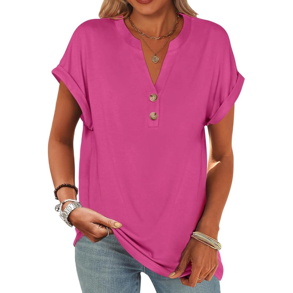 imageANRABESS Womens Short Sleeve Henley Tops V Neck Dressy Casual Blouses Summer Trendy Tee Shirts 2025 Vacation Fashion ClothesHot Pink