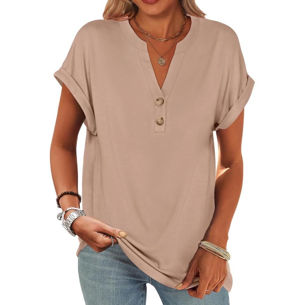 imageANRABESS Womens Short Sleeve Henley Tops V Neck Dressy Casual Blouses Summer Trendy Tee Shirts 2025 Vacation Fashion ClothesKhaki