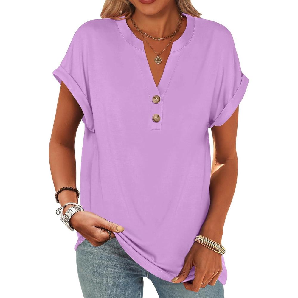 imageANRABESS Womens Short Sleeve Henley Tops V Neck Dressy Casual Blouses Summer Trendy Tee Shirts 2025 Vacation Fashion ClothesLight Purple