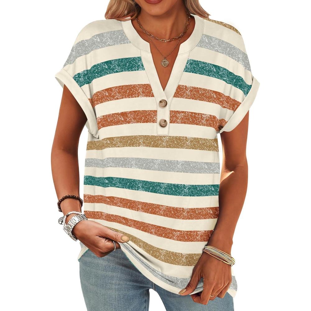 imageANRABESS Womens Short Sleeve Henley Tops V Neck Dressy Casual Blouses Summer Trendy Tee Shirts 2025 Vacation Fashion ClothesOrange Lake Strip